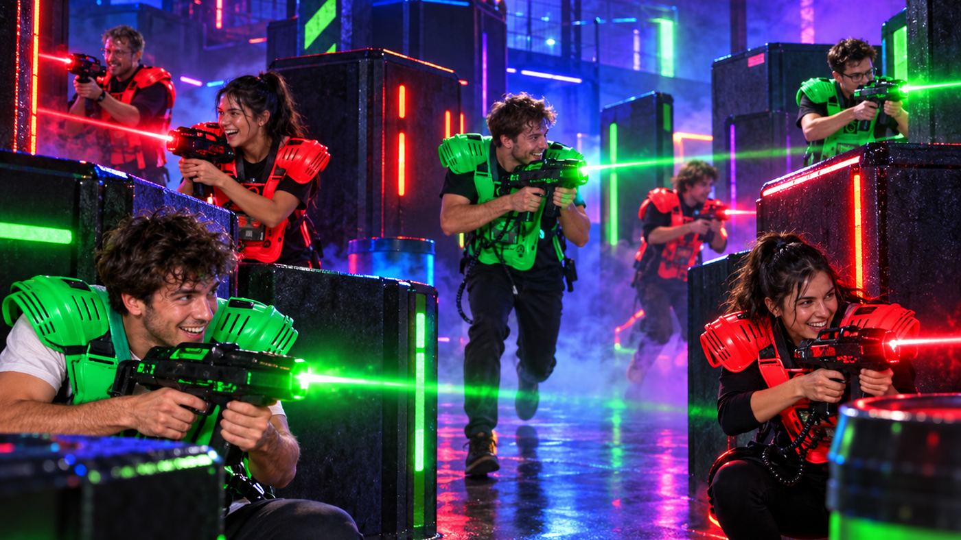 Gruppo di amici durante una partita di lasergame a Giussano